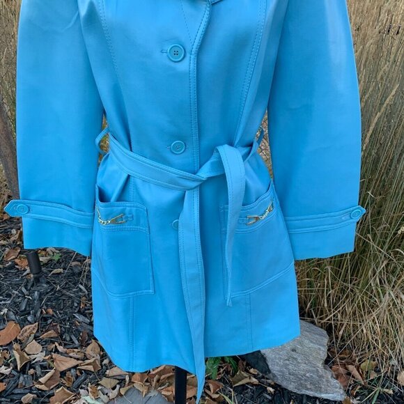 Vintage 60s 70s Faux Leather Trench Coat Belted Light Blue Overcoat - Picture 3 of 14